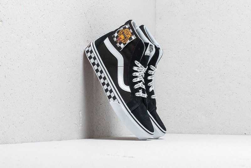vans slip on skate hi tiger check reissue colorway black suede checkerboard monochrome embroidery japanese katakana text print