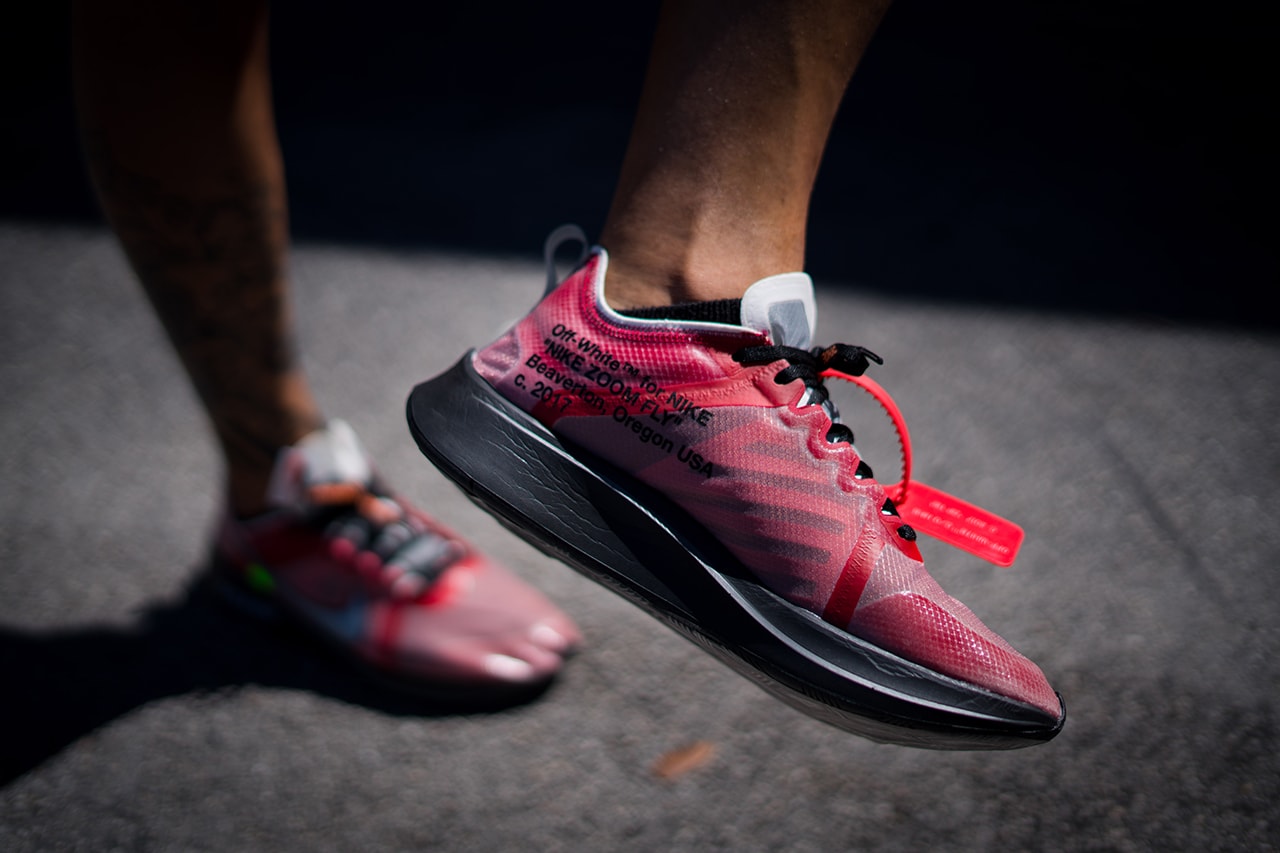 off white nike zoom fly sp promo order sample sneaker shoe colorway black insole collaboration exclusive on foot drop release ten virgil abloh