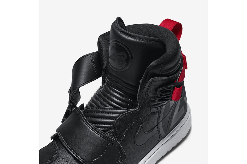 Air Jordan 1 Moto "Bred" colorway sneaker Release Date black red leather Bred White Straps Info