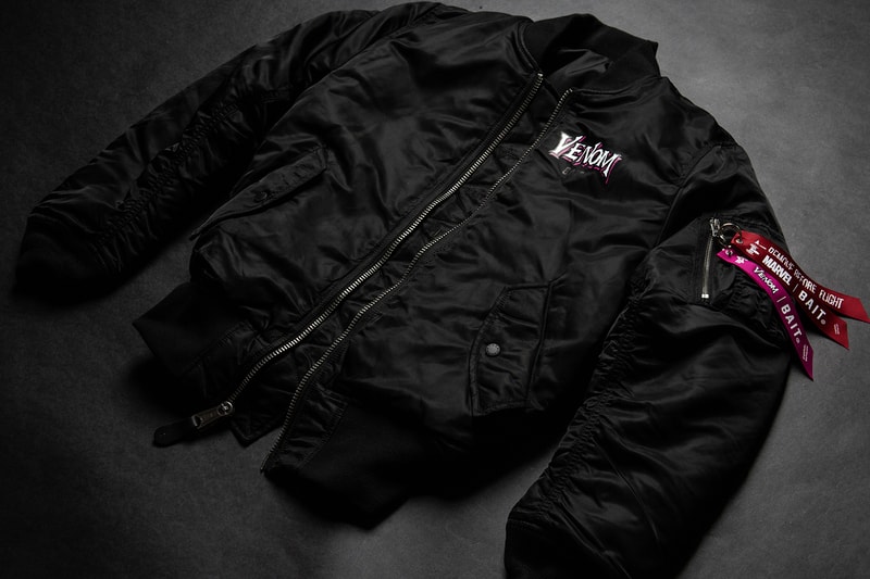 BAIT Marvel PUMA Cell Venom black white movie film release info alpha industries ma-1 bomber jacket