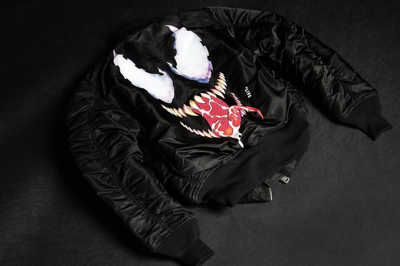 BAIT Marvel PUMA Cell Venom black white movie film release info alpha industries ma-1 bomber jacket