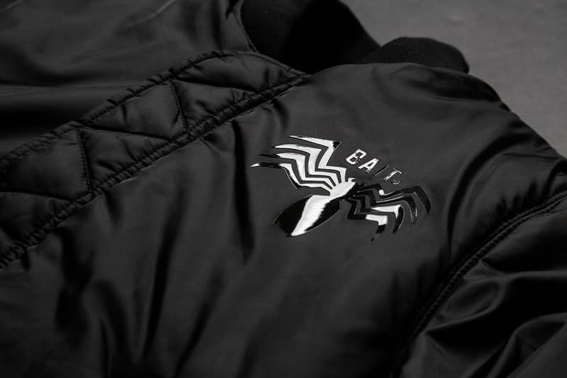 BAIT Marvel PUMA Cell Venom black white movie film release info alpha industries ma-1 bomber jacket