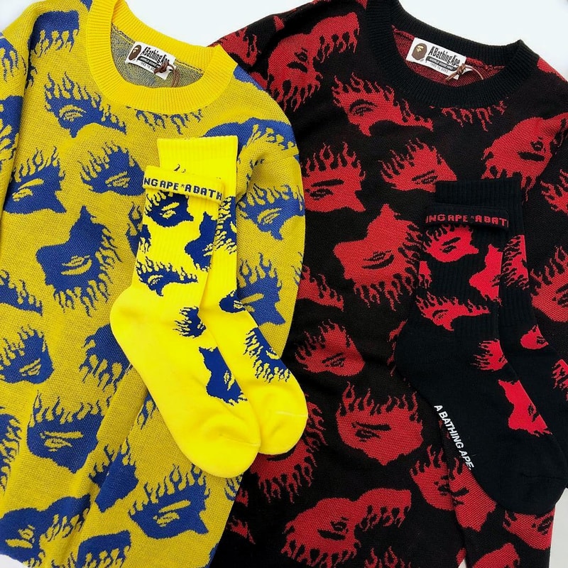 BAPE Fire Pattern Gear for Fall winter 2018 fire ape head logo yellow blue black read sweater socks a bathing ape