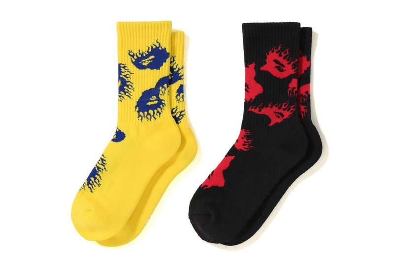 BAPE Fire Pattern Gear for Fall winter 2018 fire ape head logo yellow blue black read sweater socks a bathing ape