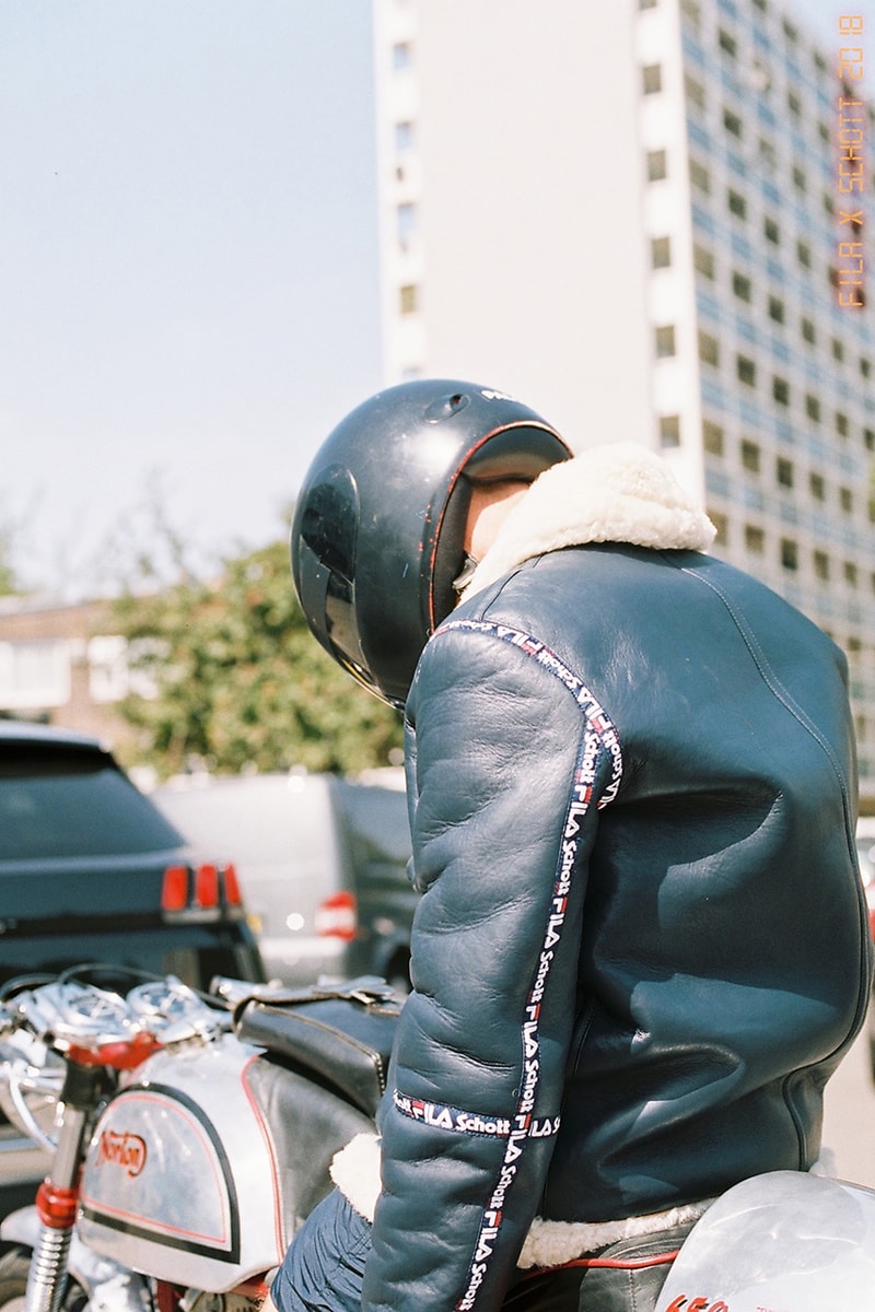 FILA x Schott Fall/Winter 2018 Collaboration Collab Fashion Clothing Lookbook Cop Purchase Buy Red Blue White Colorway Leather Sherpa Bomber Jackets Coats Motorsports Ducati Sportswear