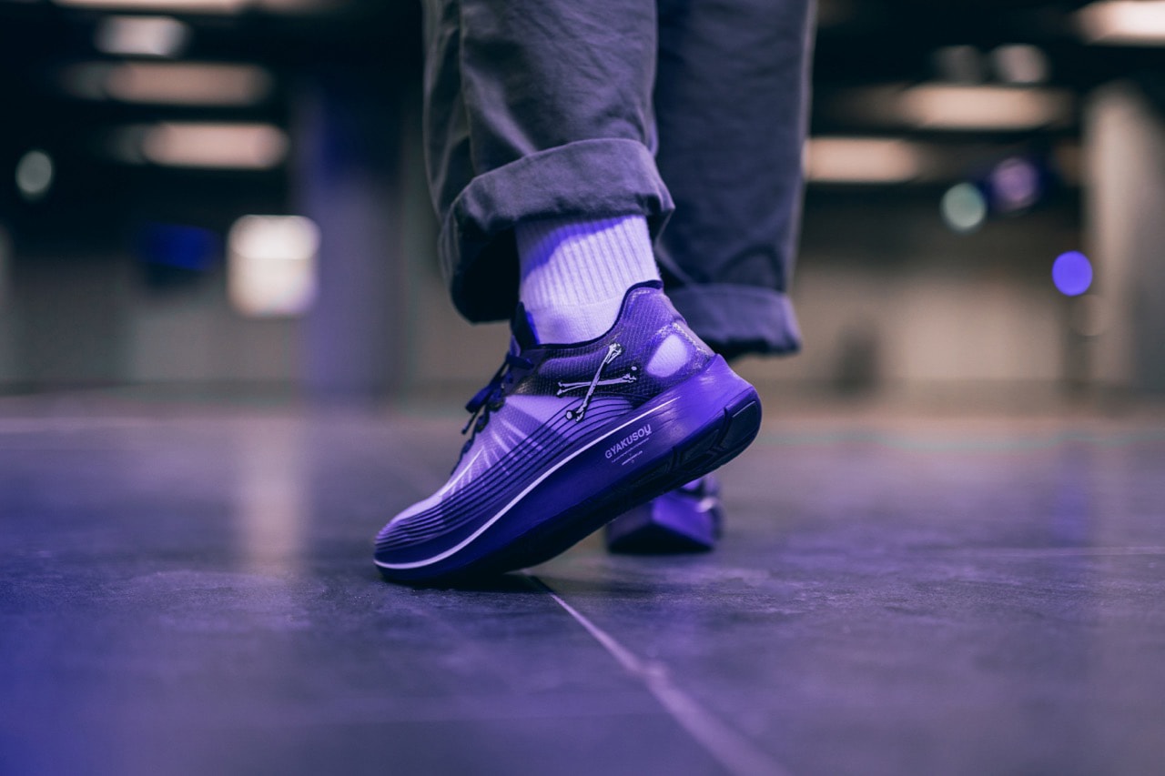 nike gyakusou zoom fly sp collaboration sneaker shoe colorway undercover purple blue white black skull on foot drop release date october 18 2018