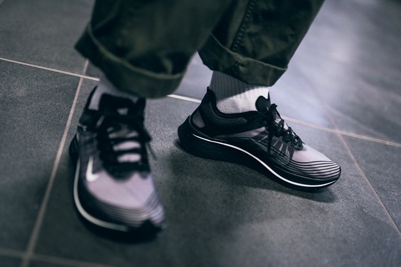 nike gyakusou zoom fly sp collaboration sneaker shoe colorway undercover purple blue white black skull on foot drop release date october 18 2018