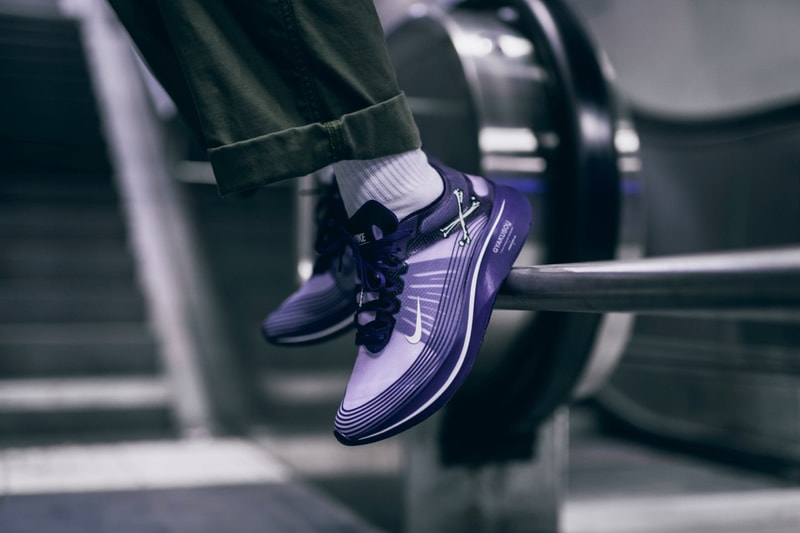 nike gyakusou zoom fly sp collaboration sneaker shoe colorway undercover purple blue white black skull on foot drop release date october 18 2018