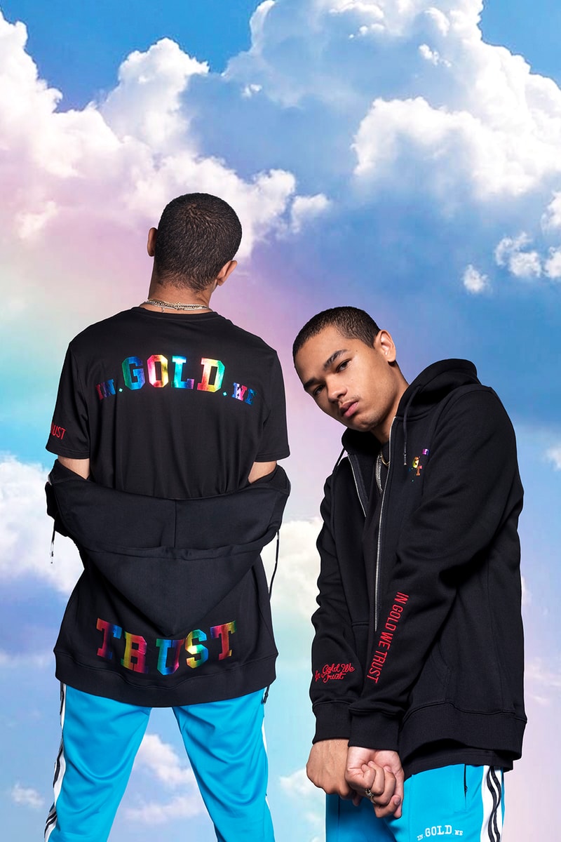 In Gold We Trust Spring Summer 2019 Lookbook Amsterdam Streetwear Clouds Killer Instinct tee t shirt hoodie track pants killer instinct pullover quilted jacket jeans socks sweatshirt bag