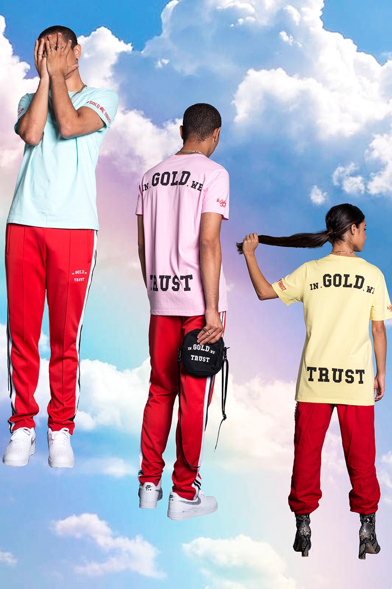 In Gold We Trust Spring Summer 2019 Lookbook Amsterdam Streetwear Clouds Killer Instinct tee t shirt hoodie track pants killer instinct pullover quilted jacket jeans socks sweatshirt bag