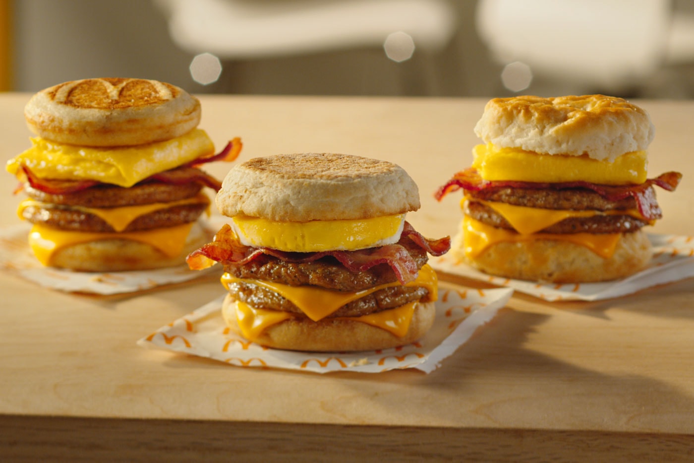 Mcdonalds Triple Breakfast Stacks Announcement Sandwiches cheese sausage patties bacon egg McMuffin bun biscuit McGriddles cakes  