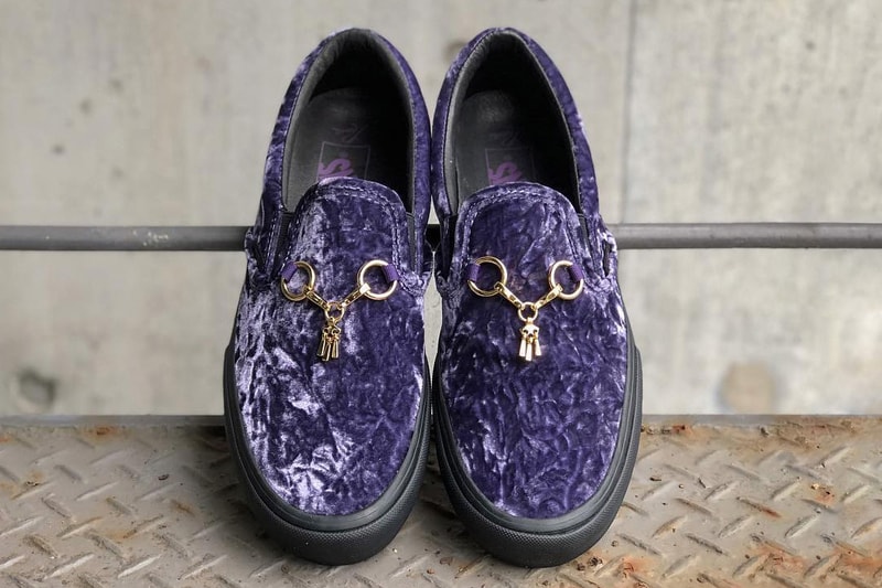 needles vans vault slip on velvet gold bit tassle blue green gold black black midsole collaboration drop release date info nepenthes october 13 2018 japan osaka