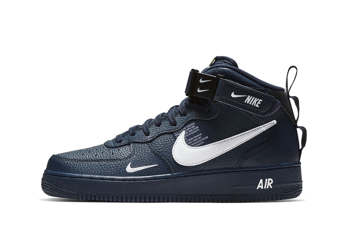 Nike Air Force 1 mid navy leather white swoosh branding sneakers fall 2018