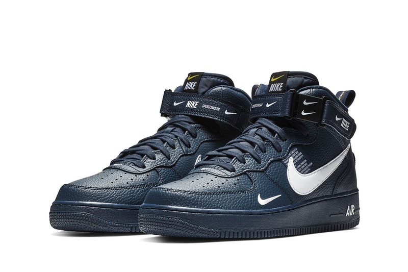 Nike Air Force 1 mid navy leather white swoosh branding sneakers fall 2018