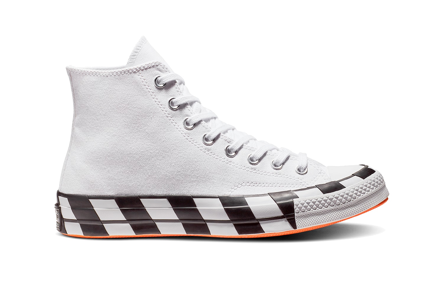 OFF-WHITE x Converse Chuck 70s 70 StockX Sneakers Shoes Trainers Kicks Footwear Cop Purchase Buy Release Date Details Virgil Abloh classic canvas vulcanized rubber industrial stamp white back text strip