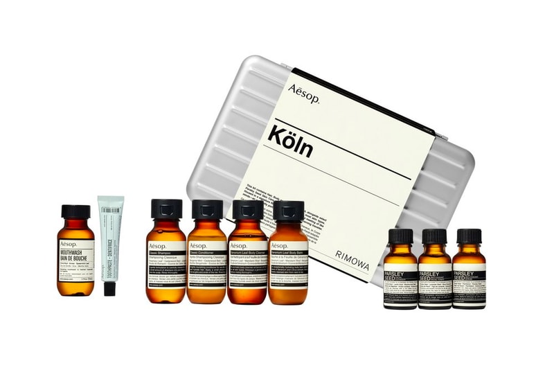 RIMOWA x Aesop Köln Travel Kit release date price purchase grooming Aesop Classic Shampoo Conditioner, Geranium Leaf Body Balm, Parsley Seed Anti-Oxidant Serum, Mouthwash toothpaste luggage box silver price 