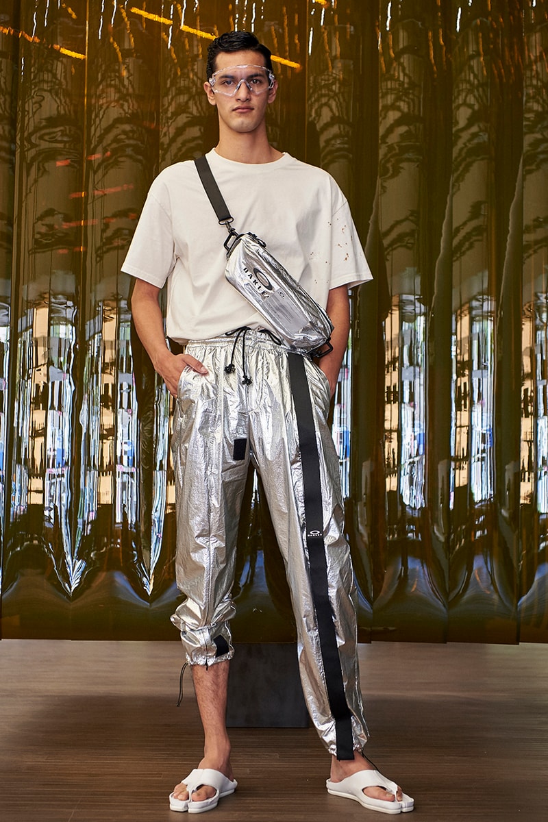 samuel ross oakley collaboration collection editorial drop release date glasses coat sweat pants tee shirt distress metallic silver coat sandals H.Lorenzo lookbook season 1 first