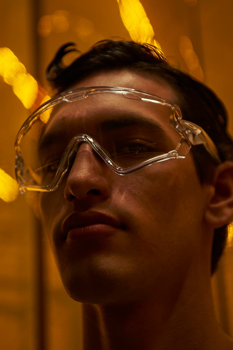 samuel ross oakley collaboration collection editorial drop release date glasses coat sweat pants tee shirt distress metallic silver coat sandals H.Lorenzo lookbook season 1 first
