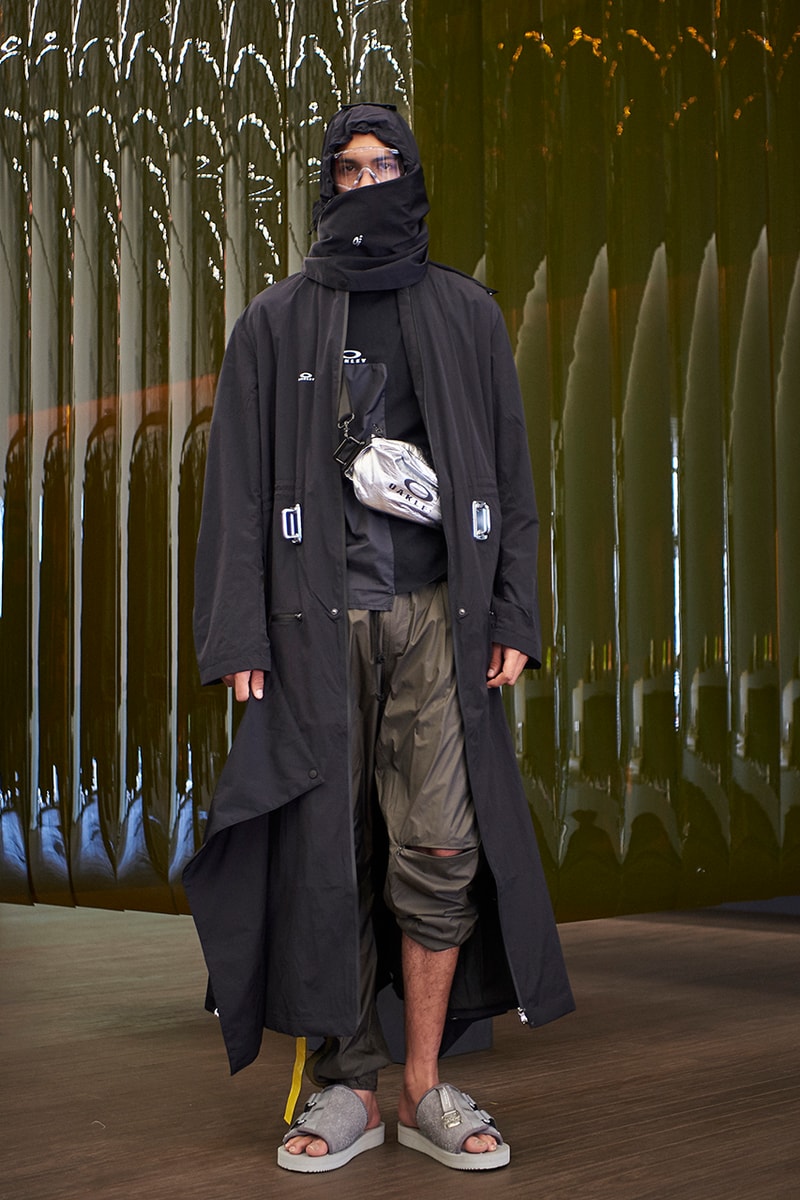 samuel ross oakley collaboration collection editorial drop release date glasses coat sweat pants tee shirt distress metallic silver coat sandals H.Lorenzo lookbook season 1 first