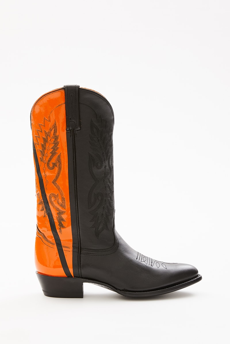 Sarah Morris Helmut Lang Painted Cowboy Boots collaboration footwear spring 1994 summer collection runway heritage archive footwear shoe pink orange color dipped stamped