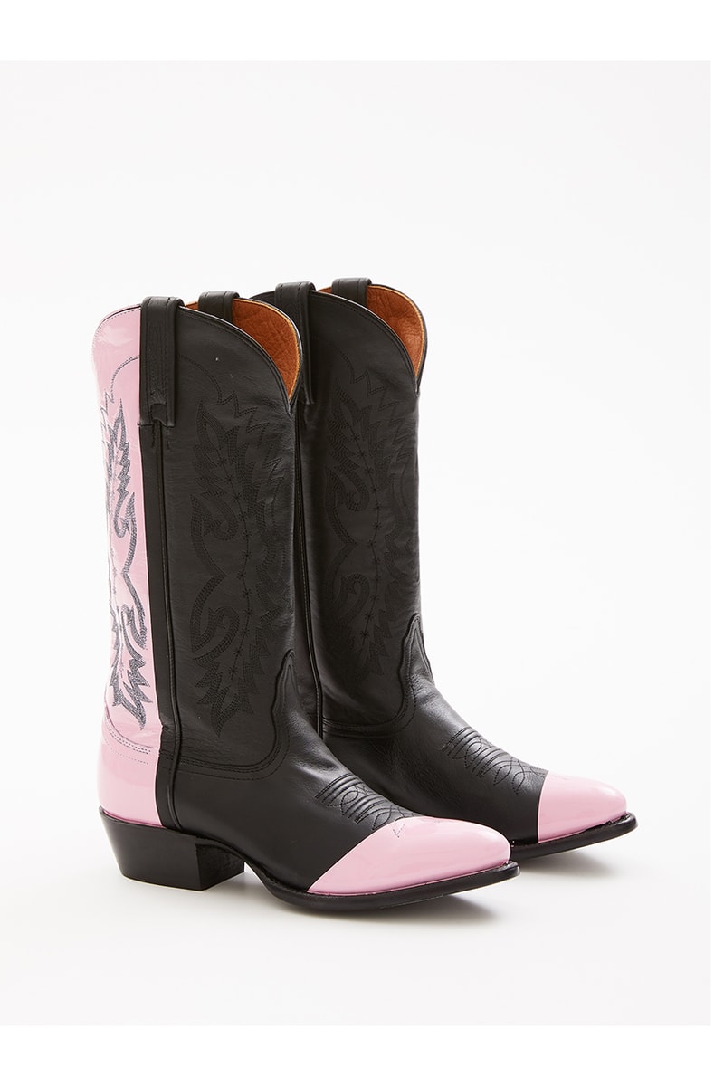 Sarah Morris Helmut Lang Painted Cowboy Boots collaboration footwear spring 1994 summer collection runway heritage archive footwear shoe pink orange color dipped stamped
