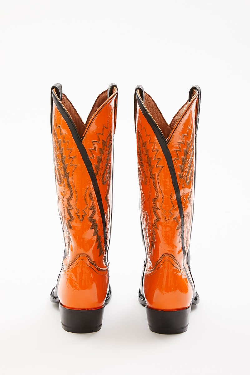 Sarah Morris Helmut Lang Painted Cowboy Boots collaboration footwear spring 1994 summer collection runway heritage archive footwear shoe pink orange color dipped stamped