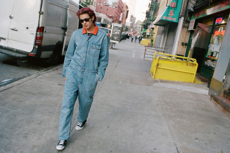 supreme levis fall winter 2018 collaboration reversible quilted trucker jacket denim coveralls blue orange on body lookbook jumpsuit arc logo