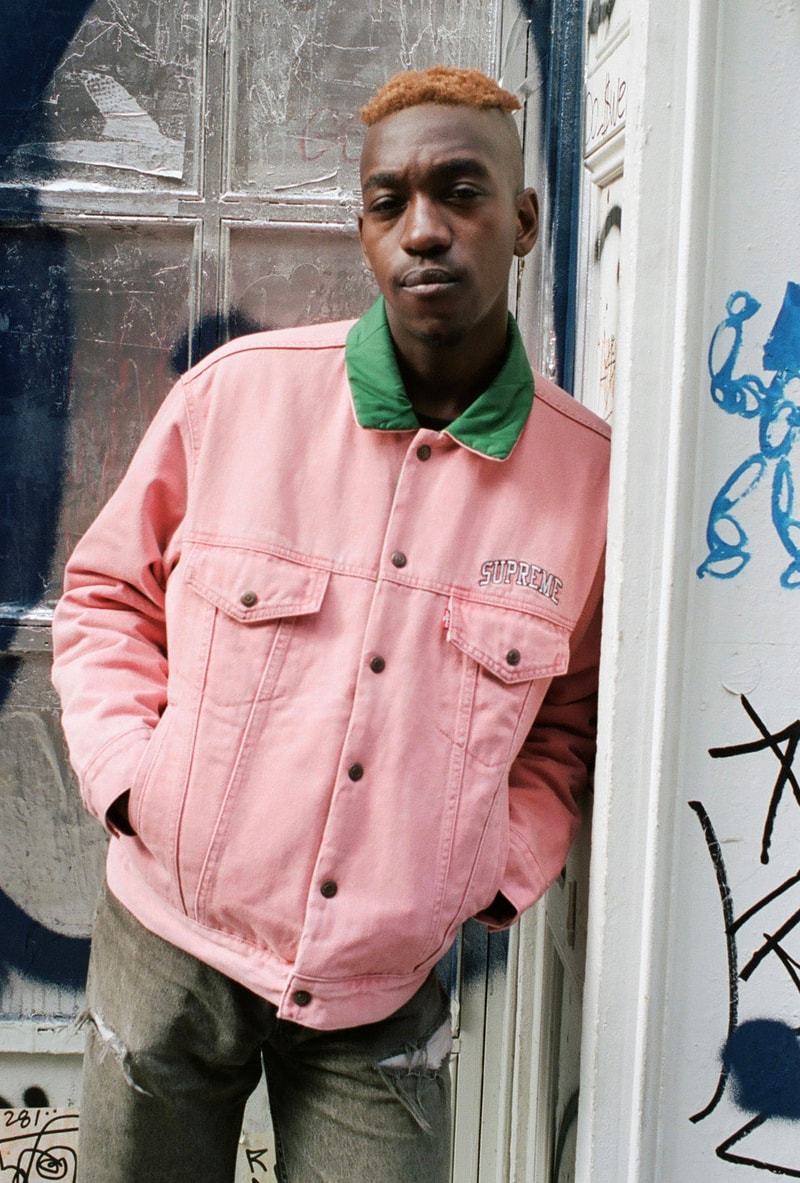 supreme levis fall winter 2018 collaboration reversible quilted trucker jacket denim coveralls pink green on body lookbook arc logo
