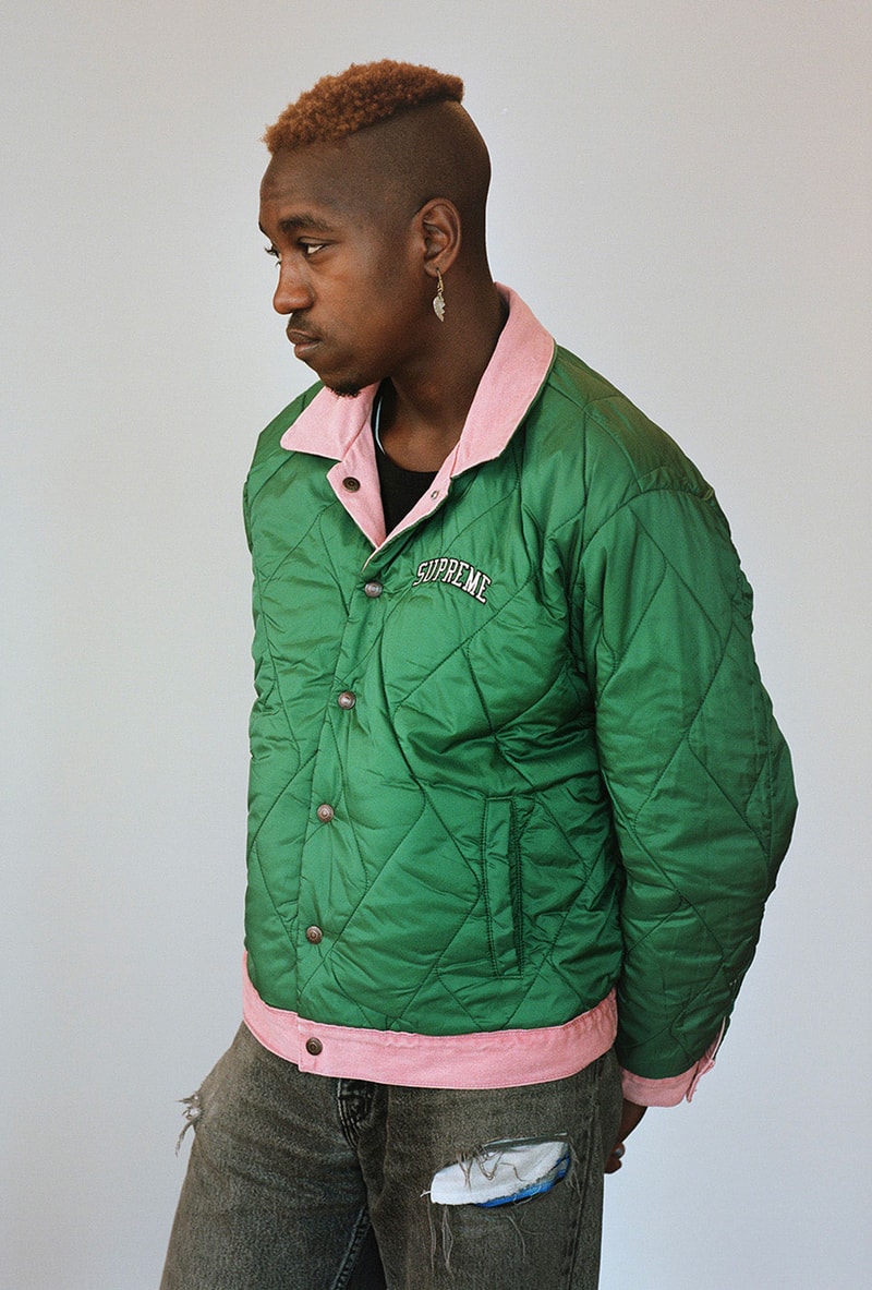 supreme levis fall winter 2018 collaboration reversible quilted trucker jacket denim coveralls green pink lookbook on body arc logo