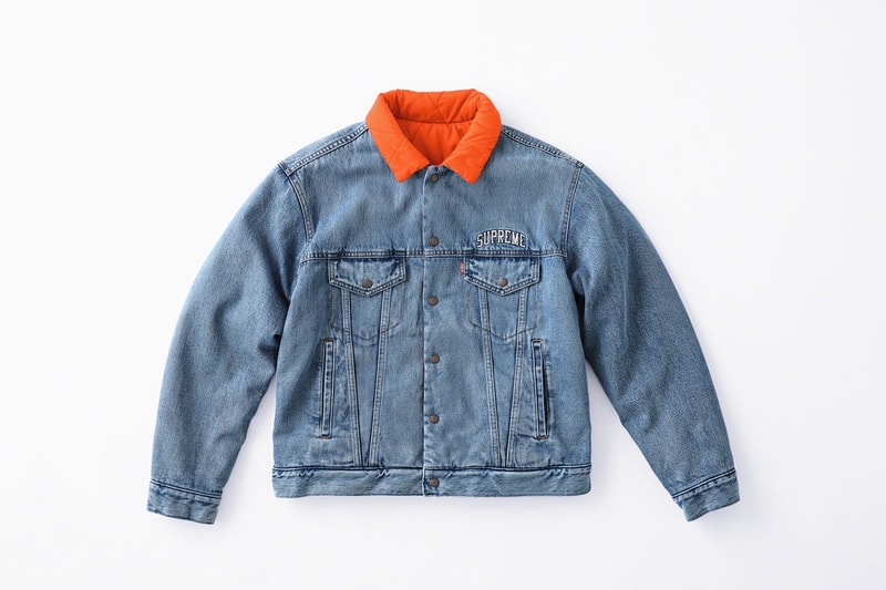 supreme levis fall winter 2018 collection collaboration exclusive Quilted Reversible Trucker Jacket denim coveralls stonewashed november 1 3 2018 release date info drop colorways orange blue black logo green pink lining
