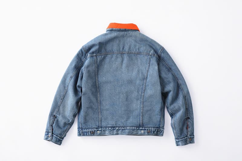 supreme levis fall winter 2018 collection collaboration exclusive Quilted Reversible Trucker Jacket denim coveralls stonewashed november 1 3 2018 release date info drop colorways orange blue black logo green pink lining