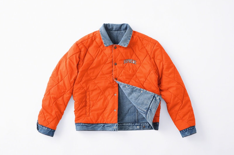 supreme levis fall winter 2018 collection collaboration exclusive Quilted Reversible Trucker Jacket denim coveralls stonewashed november 1 3 2018 release date info drop colorways orange blue black logo green pink lining