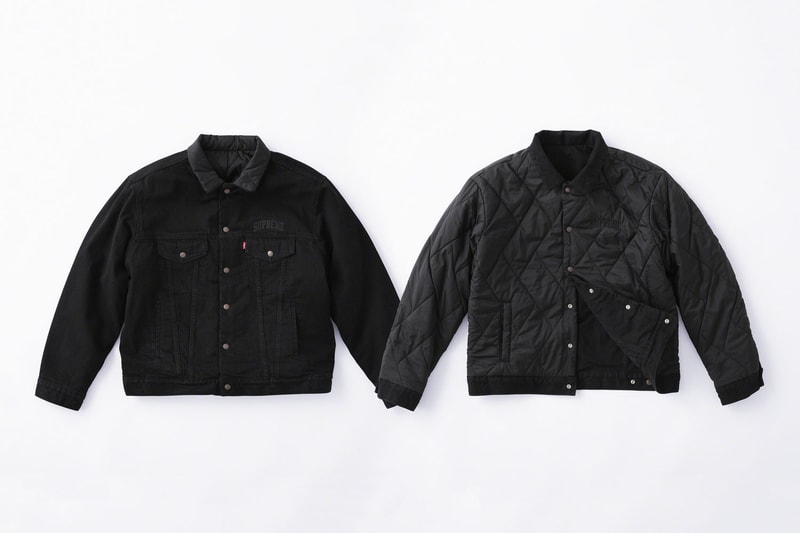 supreme levis fall winter 2018 collection collaboration exclusive Quilted Reversible Trucker Jacket denim coveralls stonewashed november 1 3 2018 release date info drop colorways orange blue black logo green pink lining