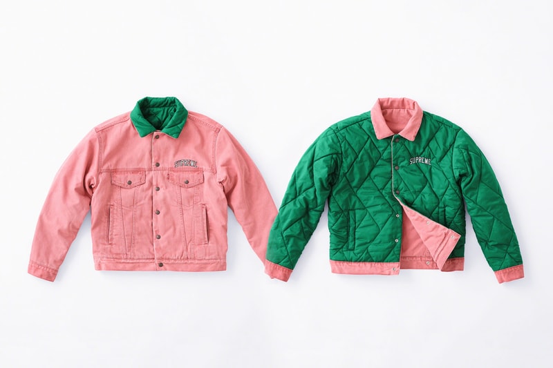 supreme levis fall winter 2018 collection collaboration exclusive Quilted Reversible Trucker Jacket denim coveralls stonewashed november 1 3 2018 release date info drop colorways orange blue black logo green pink lining
