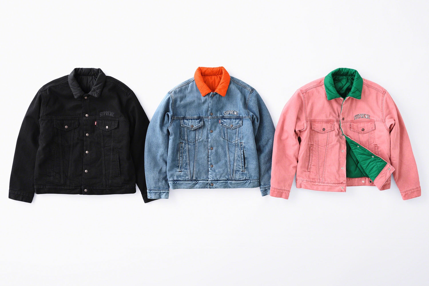 supreme levis fall winter 2018 collection collaboration exclusive Quilted Reversible Trucker Jacket denim coveralls stonewashed november 1 3 2018 release date info drop colorways orange blue black logo green pink lining