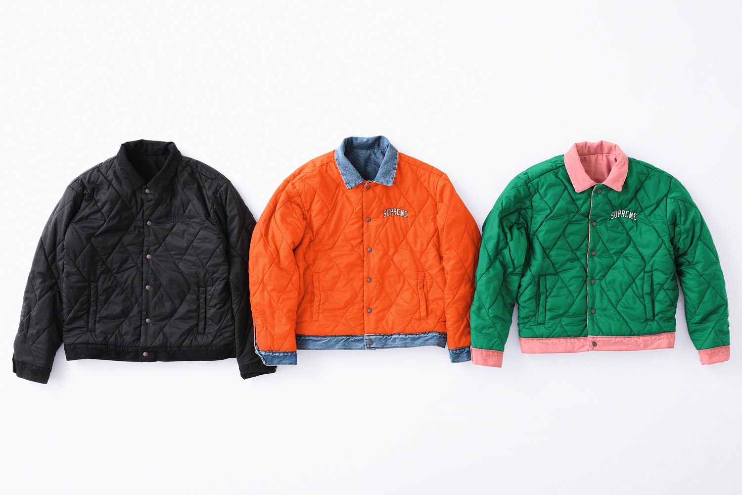 supreme levis fall winter 2018 collection collaboration exclusive Quilted Reversible Trucker Jacket denim coveralls stonewashed november 1 3 2018 release date info drop colorways orange blue black logo green pink lining