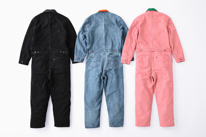 supreme levis fall winter 2018 collection collaboration exclusive Quilted Reversible Trucker Jacket denim coveralls stonewashed november 1 3 2018 release date info drop colorways orange blue black logo green pink lining