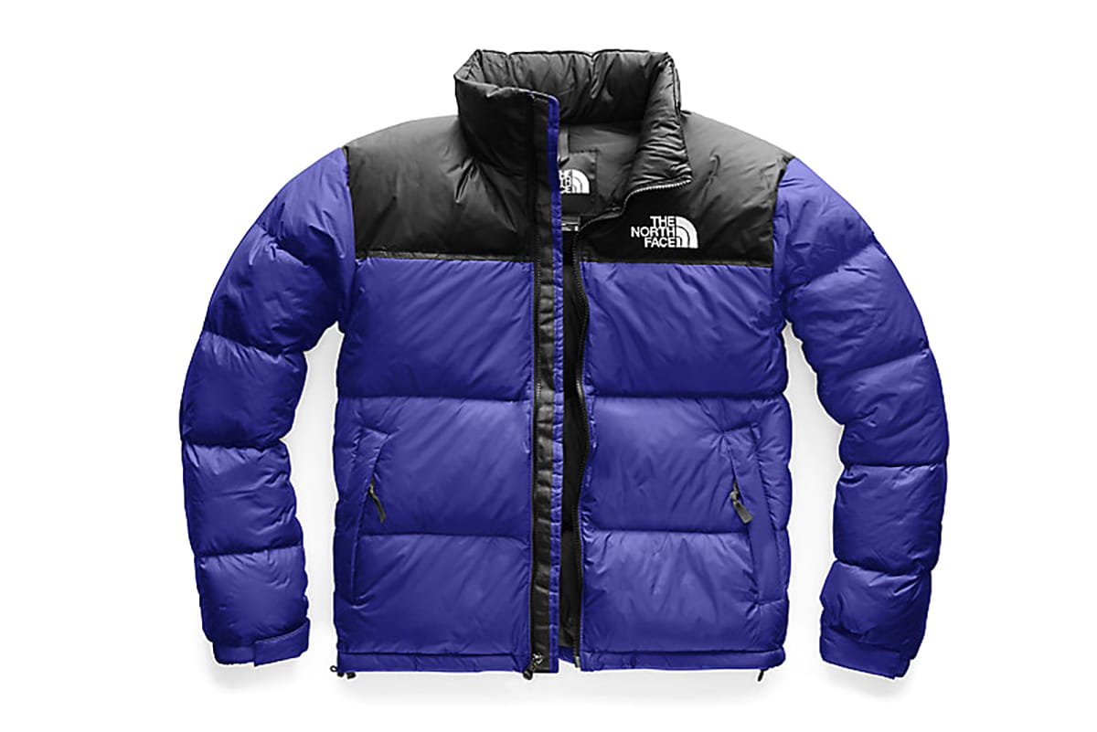 blue and black north face puffer jacket