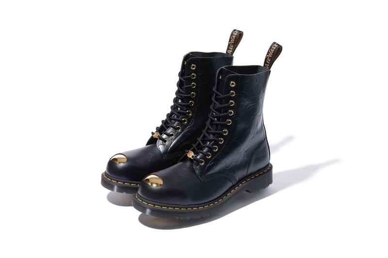 bape dr martens steel toe boot 3 8 eye lace up camouflage ape head golden collaboration drop release date december 1 2018 info buy