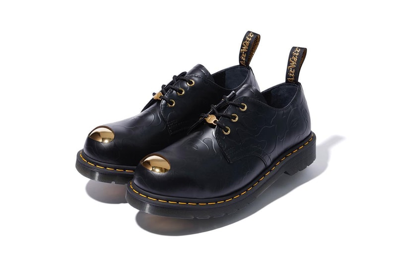 bape dr martens steel toe boot 3 8 eye lace up camouflage ape head golden collaboration drop release date december 1 2018 info buy