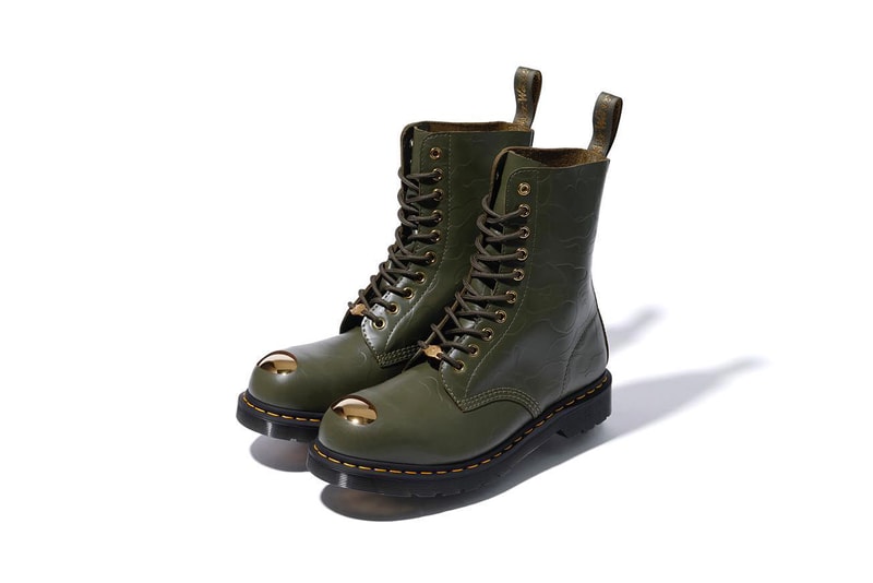 bape dr martens steel toe boot 3 8 eye lace up camouflage ape head golden collaboration drop release date december 1 2018 info buy