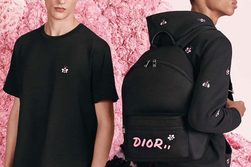 dior menswear kim jones kaws bee collaboration capsule collection release date black back pack bag hoodie all over print tee shirt embroidery logo zipper