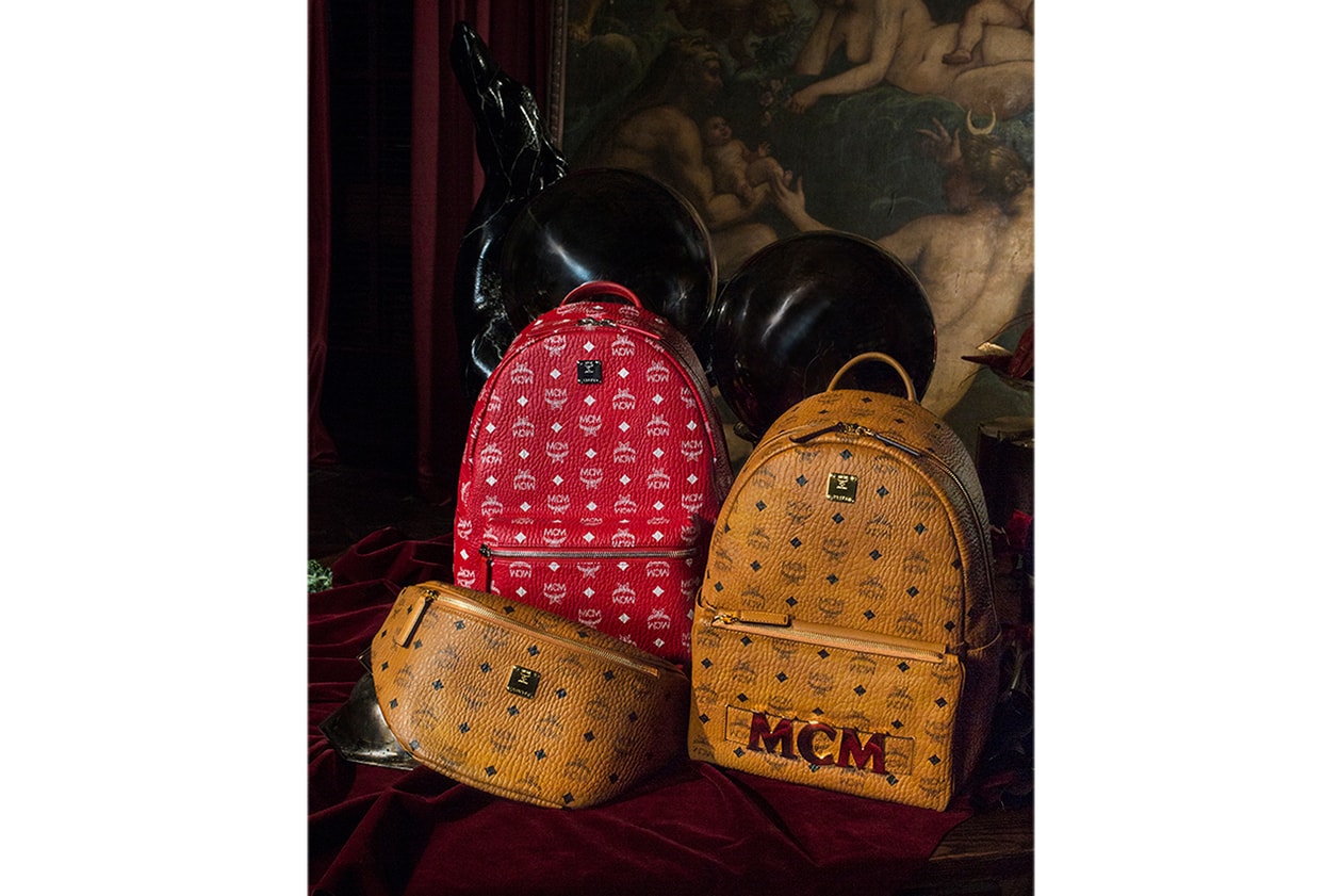 MCM A Feast for Your Eyes Holiday Campaign Video  backpacks accessories grey red black soft pink champagne cognac studs Stark Visetos 