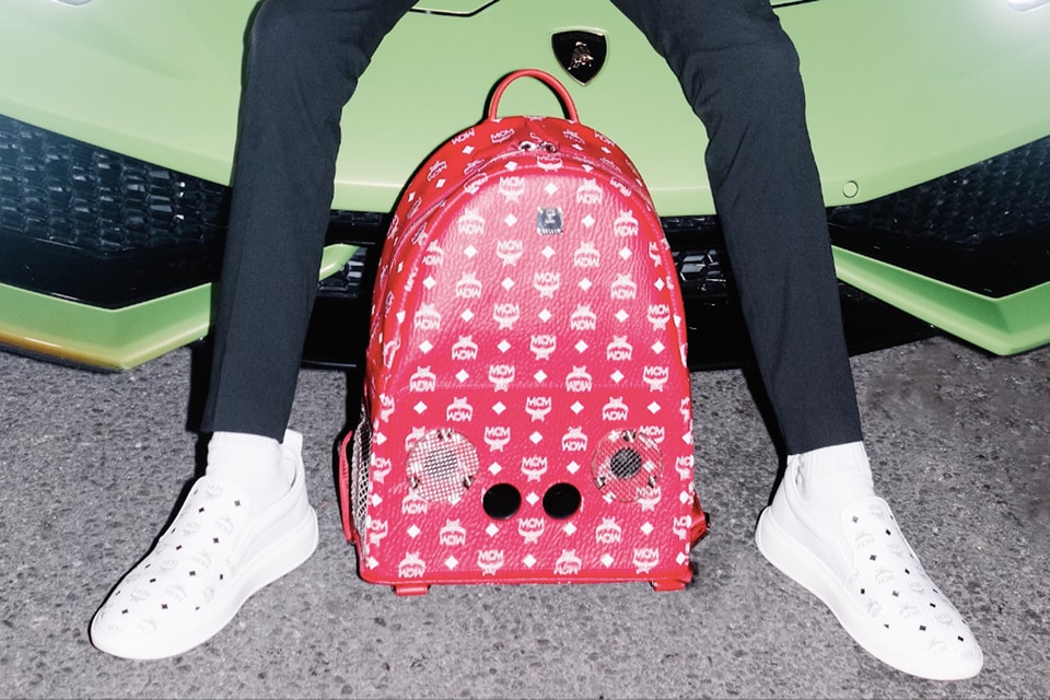 red mcm backpack