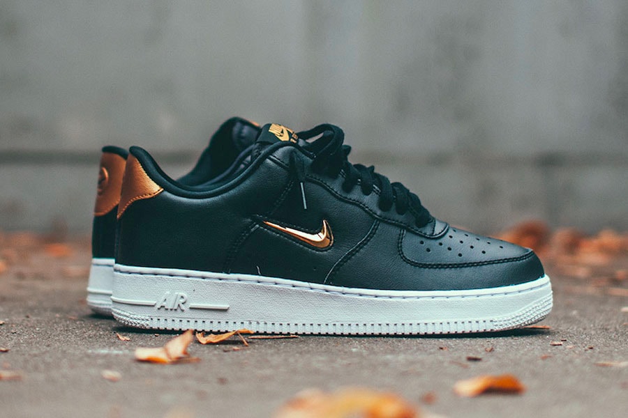 Nike Air Force 1 '07 LV8 Jewel "Metallic Gold" release date info price available now sneaker black leather 