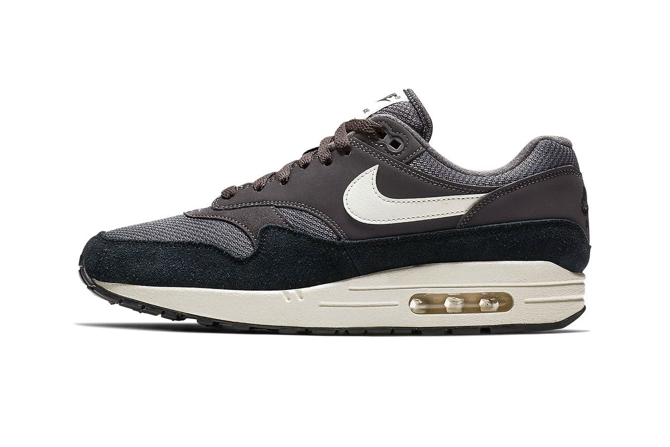 Nike Air Max 1 "Thunder Grey" release date info price colorway suede mesh sneaker size purchase online sail black official imagery