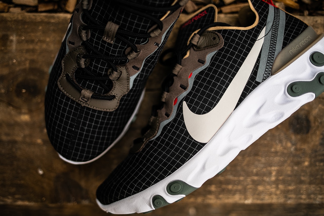 size? Exclusive x Nike React Element 55 Closer First Look Sneakers Shoes Trainers Kicks Cop Purchase Buy Available Now Online In-Store Details Detailed escape pack grid