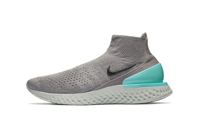 nike rise react flyknit gunsmoke black dark stucco aurora green
