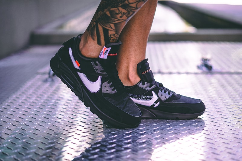 off white nike air max 90 black cone white collaboration sneaker on foot release date info closer photo look exclusive info detail