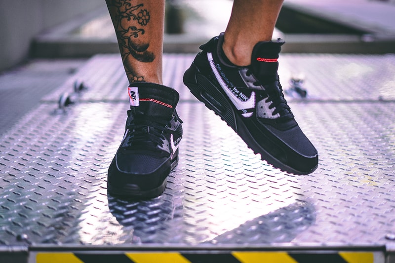 off white nike air max 90 black cone white collaboration sneaker on foot release date info closer photo look exclusive info detail